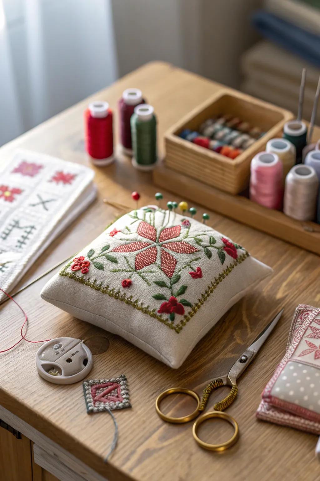 Cross stitch pincushions add charm to sewing stations