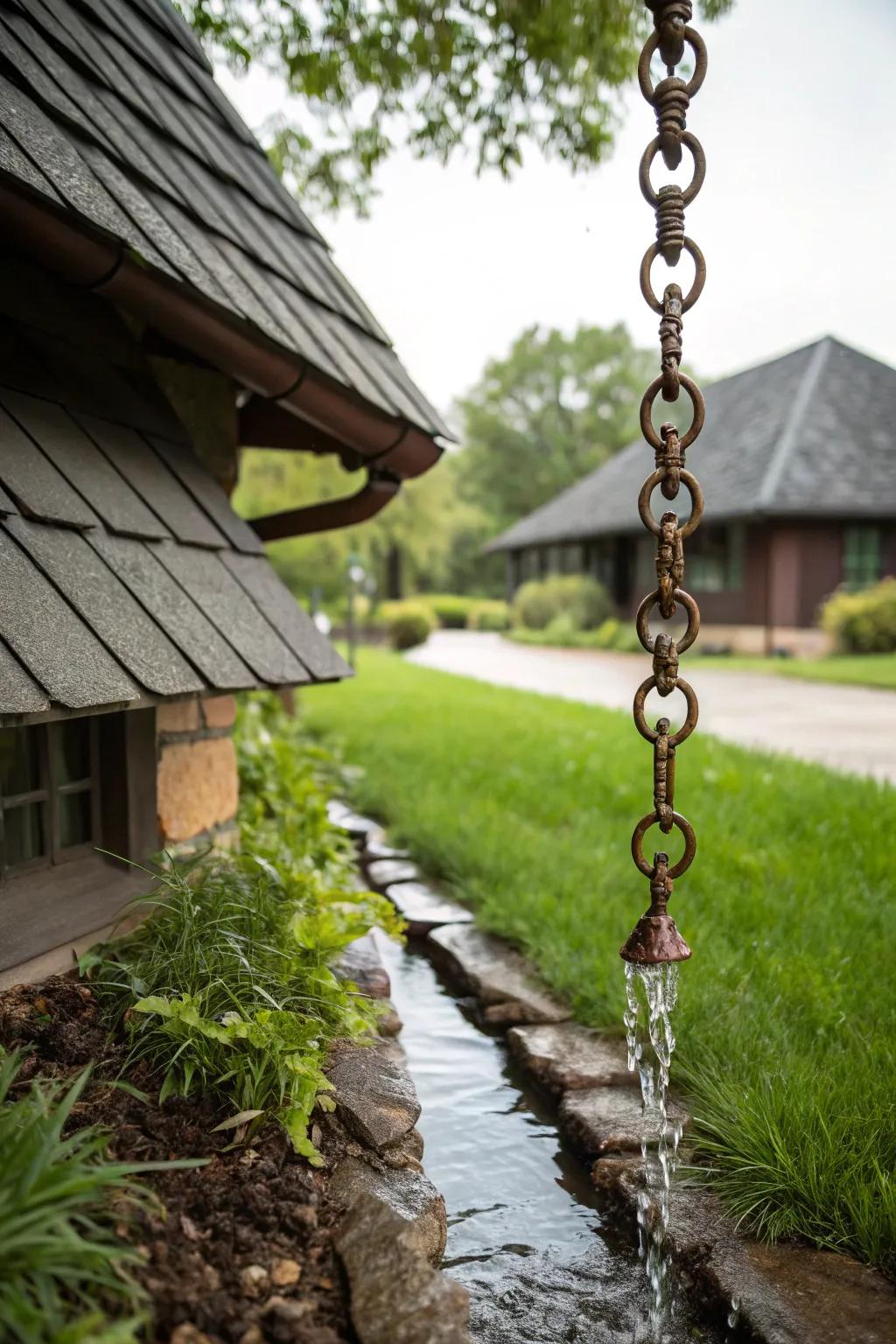 Rain chains guide water gracefully, adding a decorative touch.