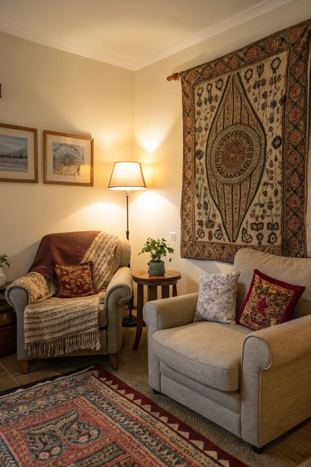 Tapestries can transform corners into inviting nooks.