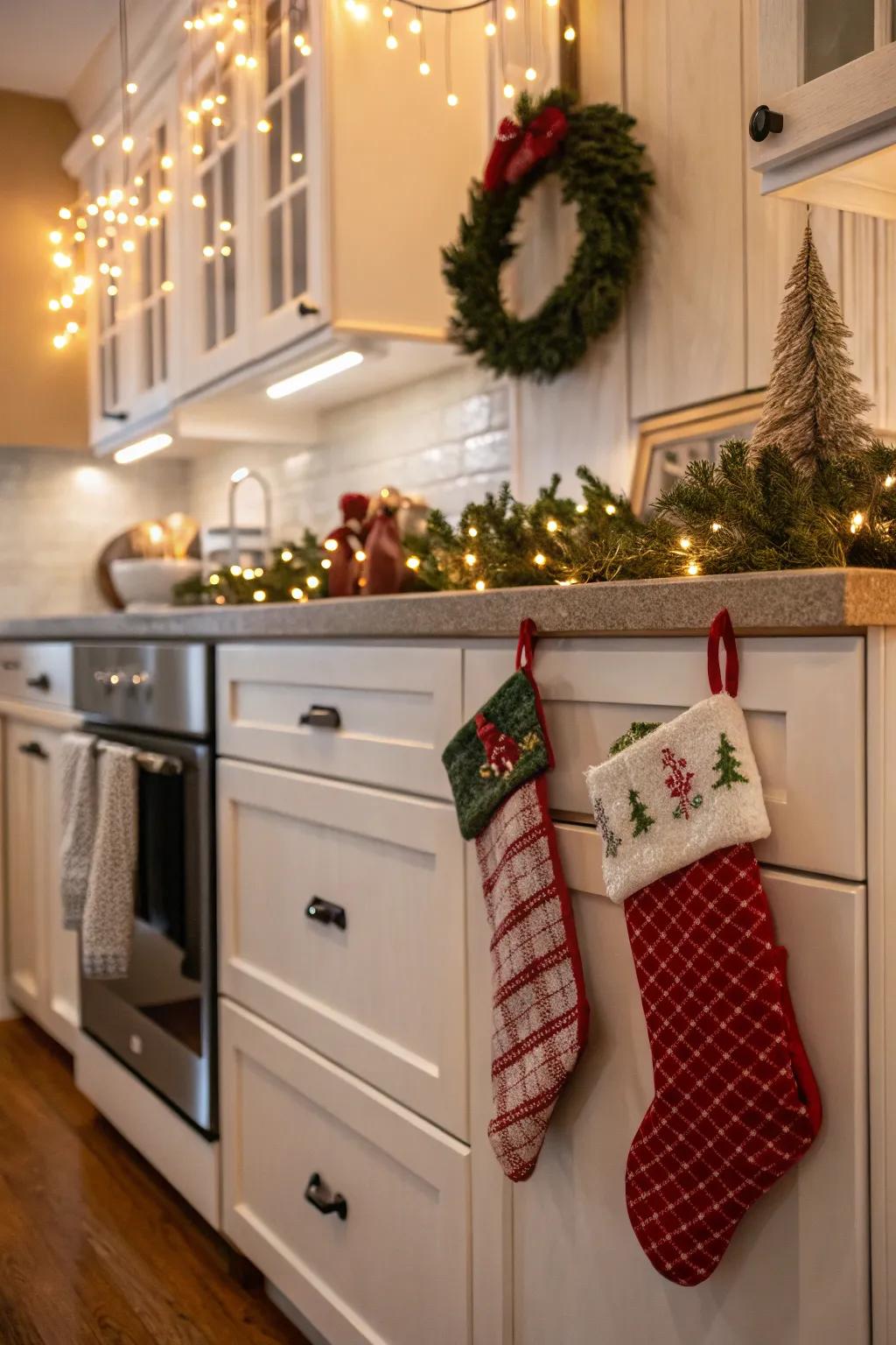 Cabinet knobs offer a practical and charming way to hang stockings.