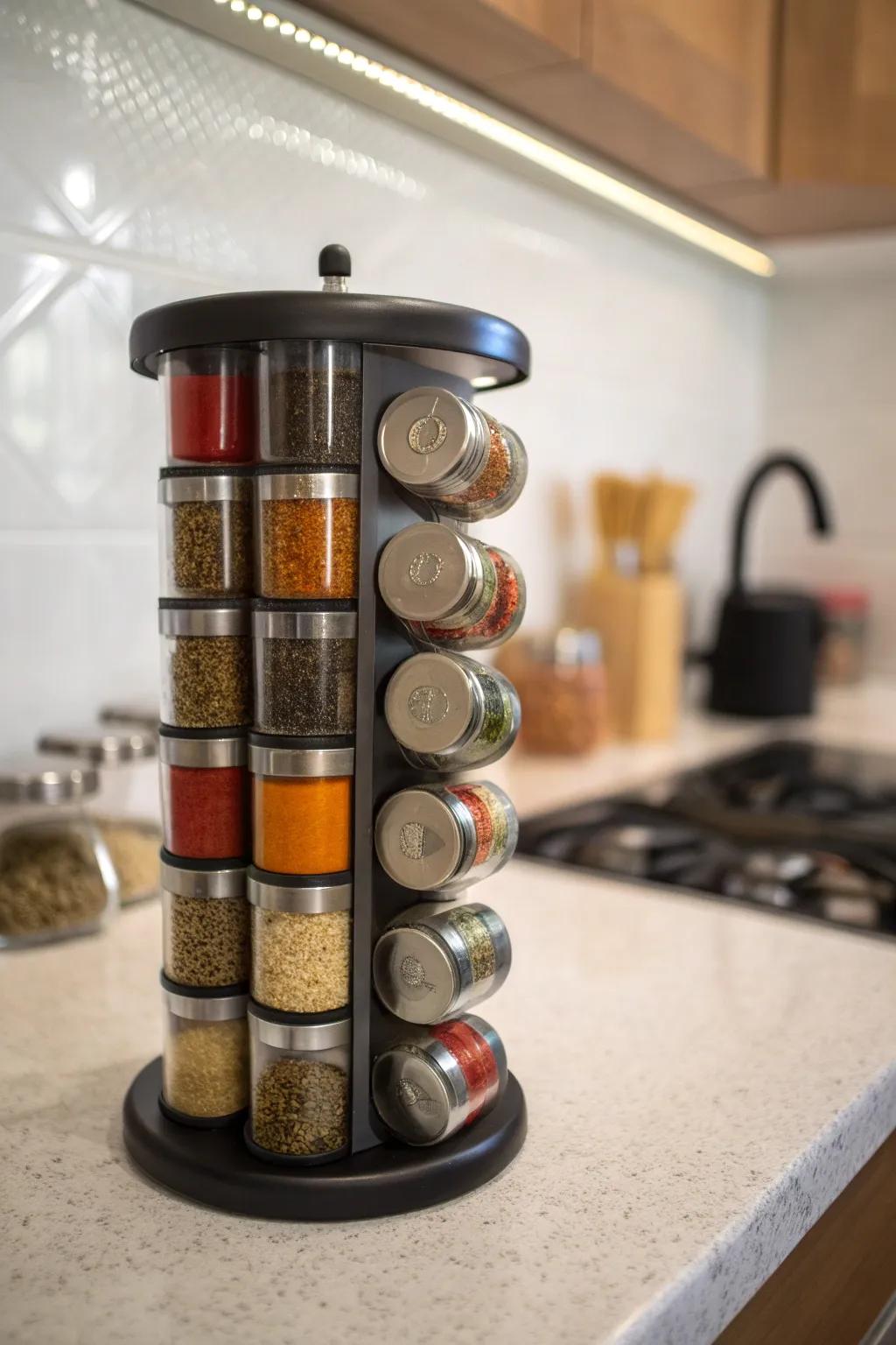 A rotating tower keeps spices compact and accessible.