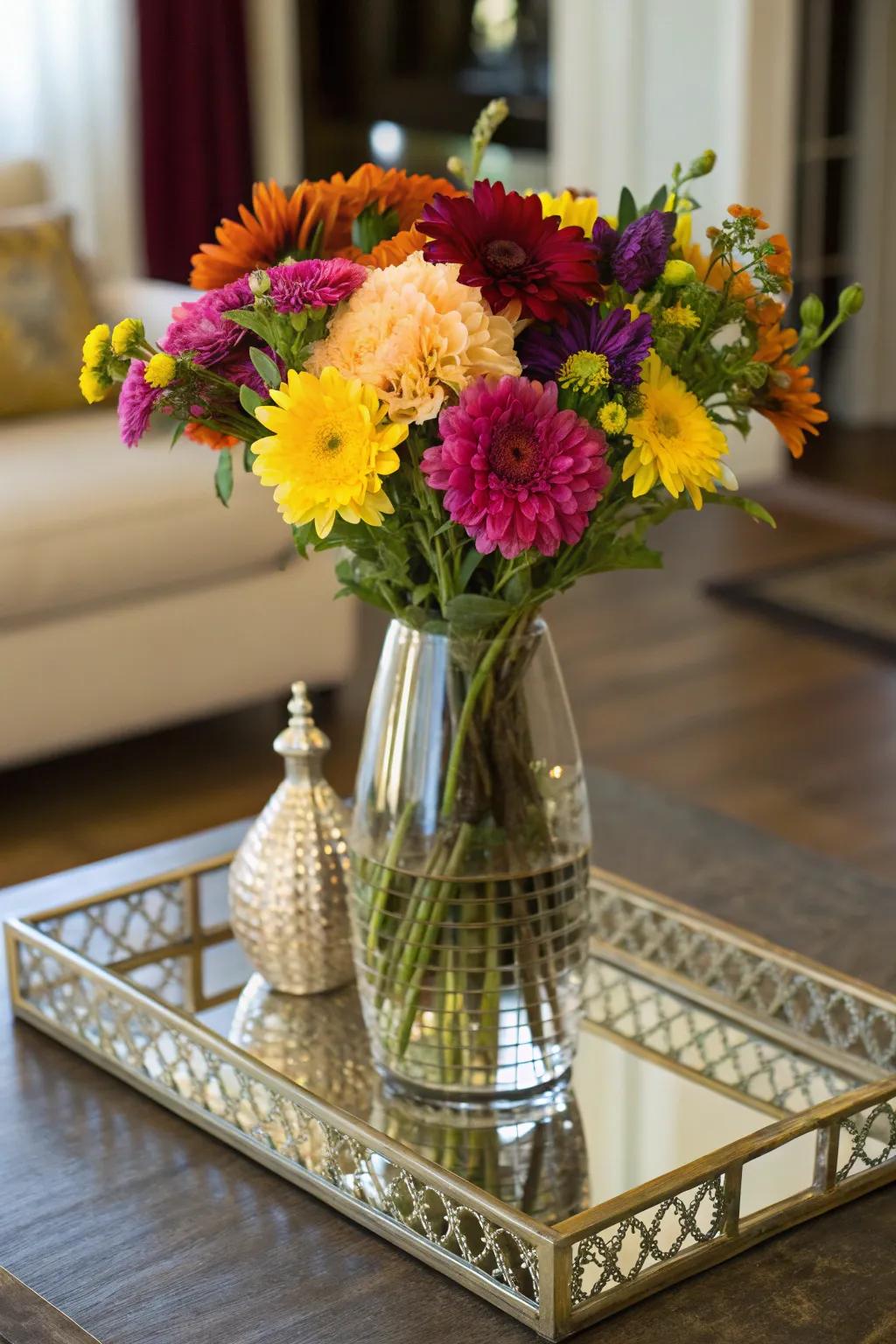 Mirrored surfaces doubling the impact of a floral display.