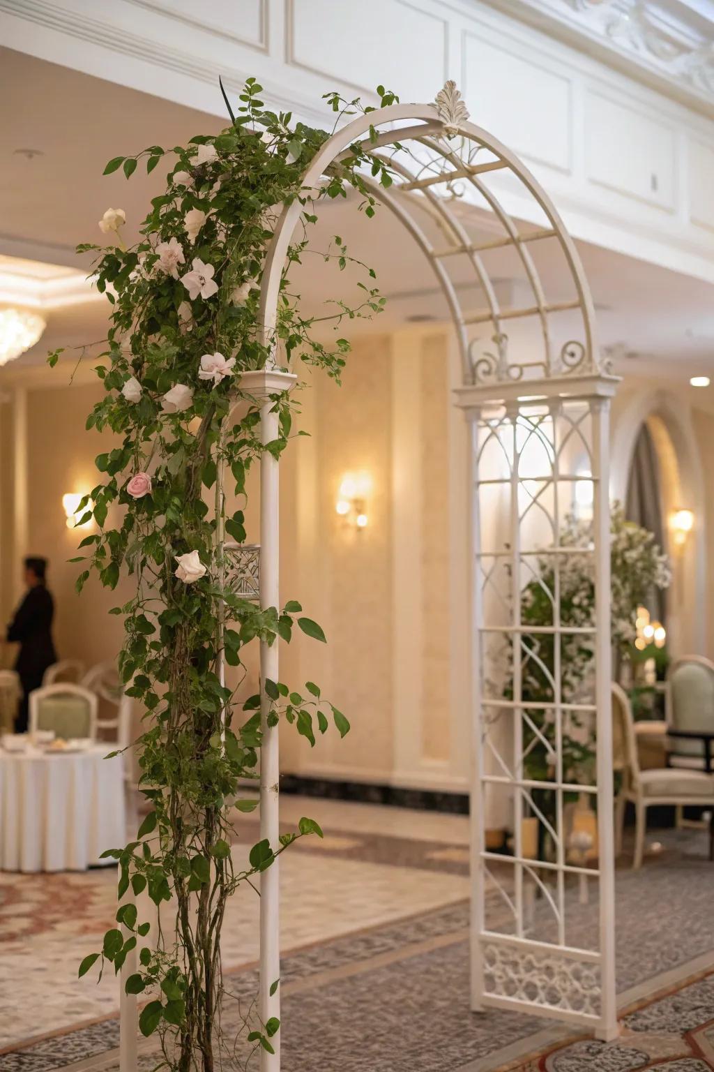 A sophisticated interior with a Hoya plant on an elegant archway trellis.