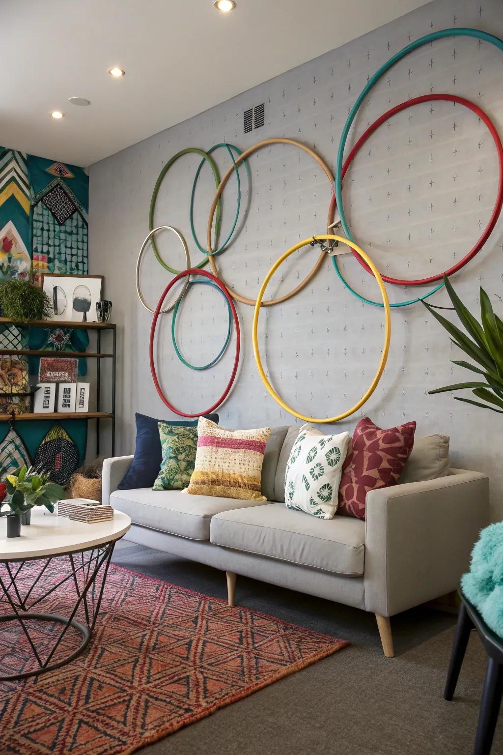 Hula hoops artfully arranged on a wall, doubling as decor and storage.