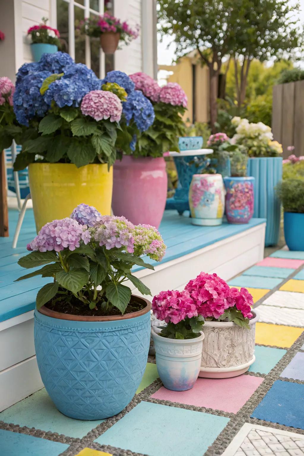 Eclectic mix of pots showcasing hydrangeas on a colorful patio.