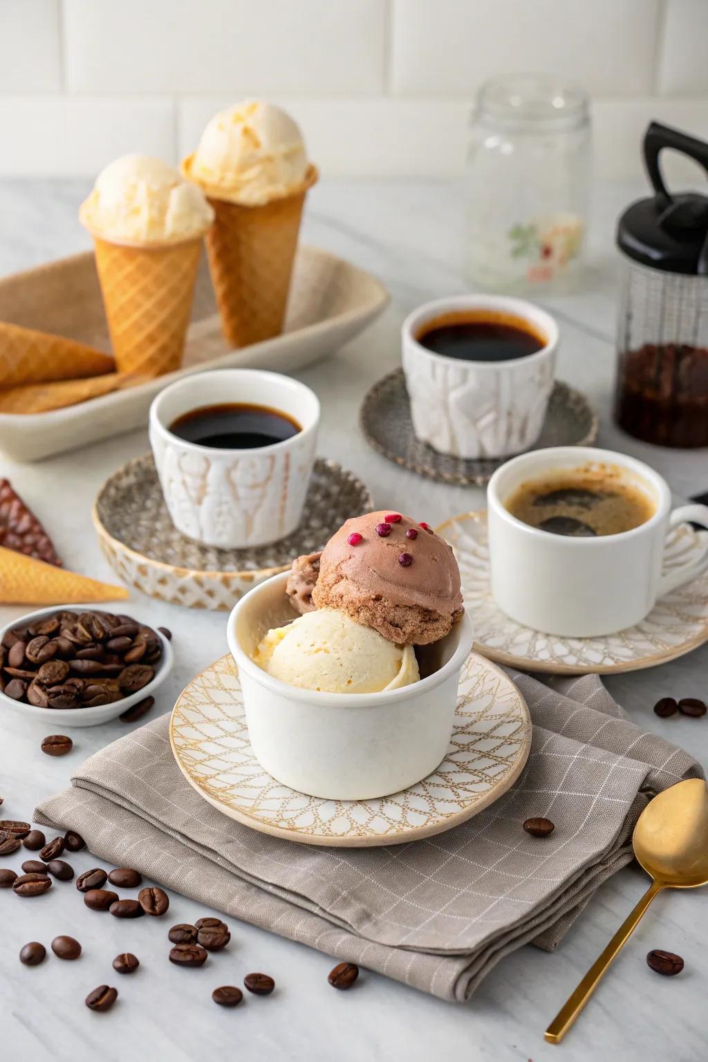 An ice cream and coffee pairing table that offers a sophisticated flavor experience.