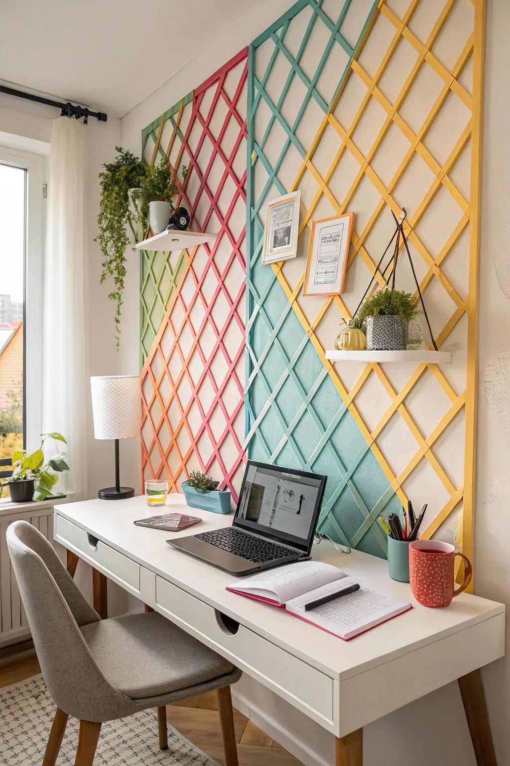 Colorful lattice wall bringing energy and focus to the home office.