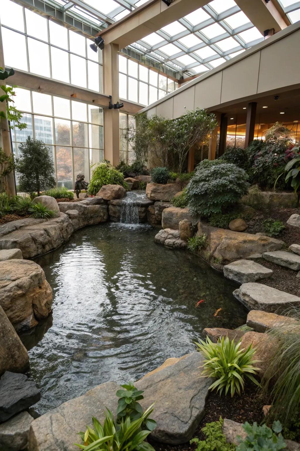 Rock gardens add an earthy and natural touch to indoor ponds.