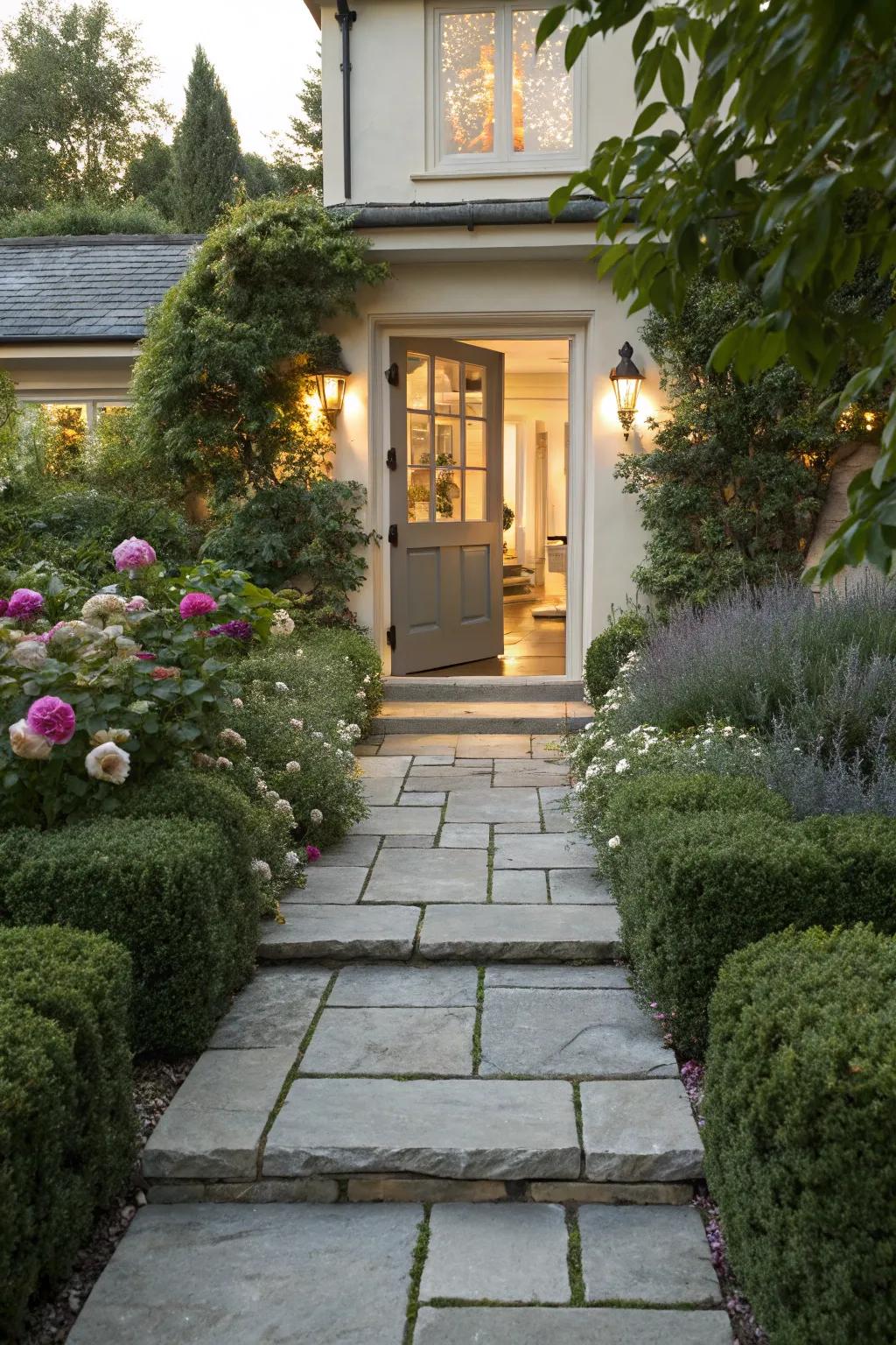 A stone pathway lends charm and guidance to this entrance.