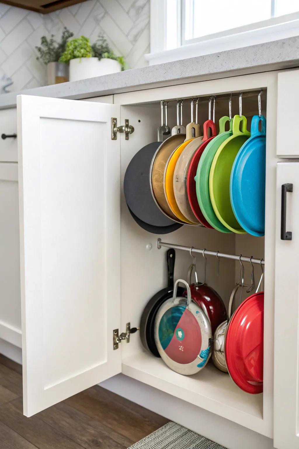 Adhesive hooks on cabinet doors keep pot lids organized and accessible.