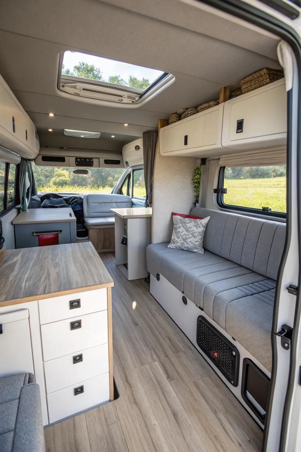 Multi-functional furniture that maximizes space and functionality in the camper.