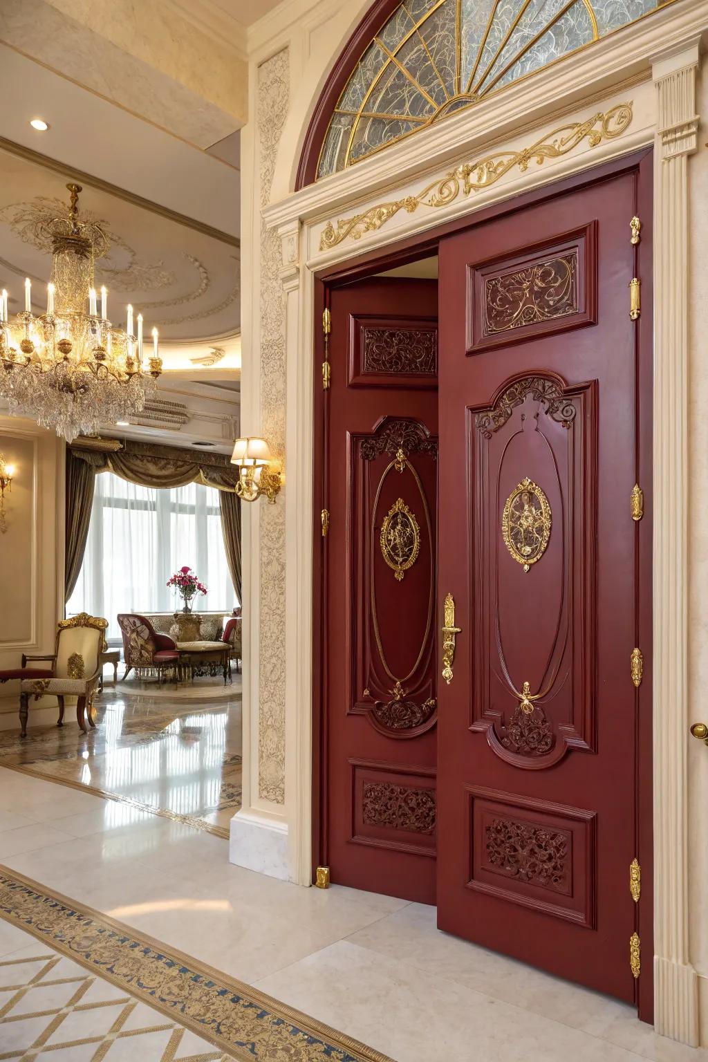 A wine red door adding luxury and depth to the entryway.