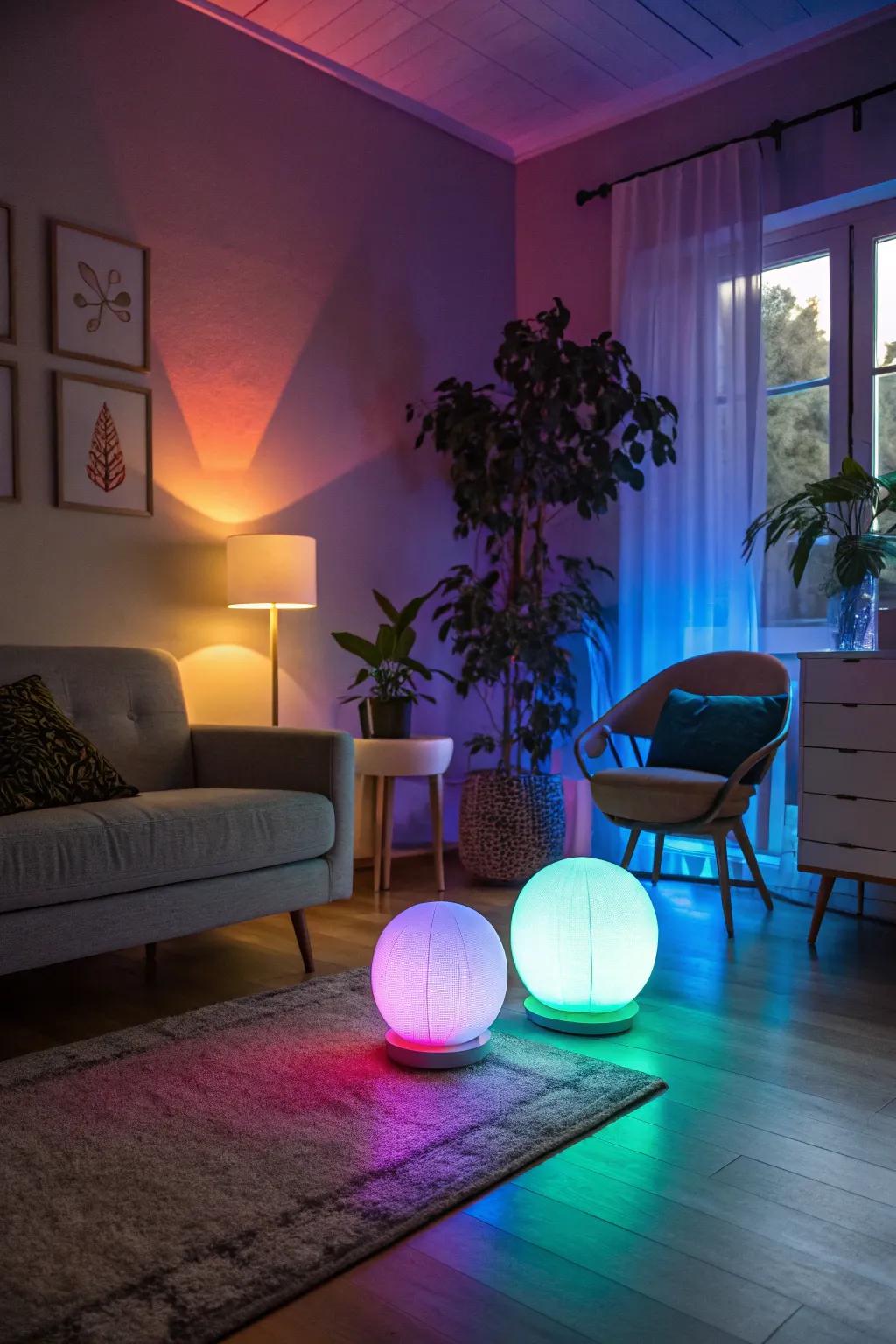 Color-changing lights transforming the mood of a room.