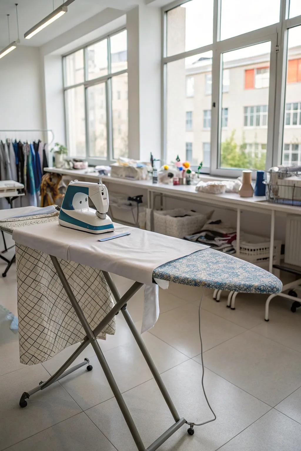 A pop-up ironing board center in a professional sewing studio.