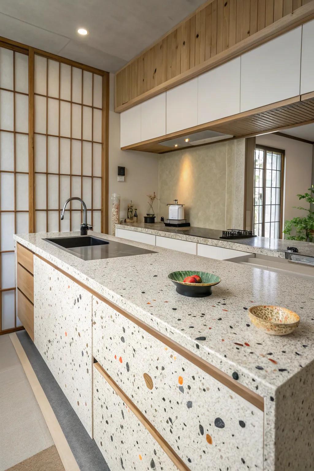 Terrazzo countertops add modern flair to this kitchen.