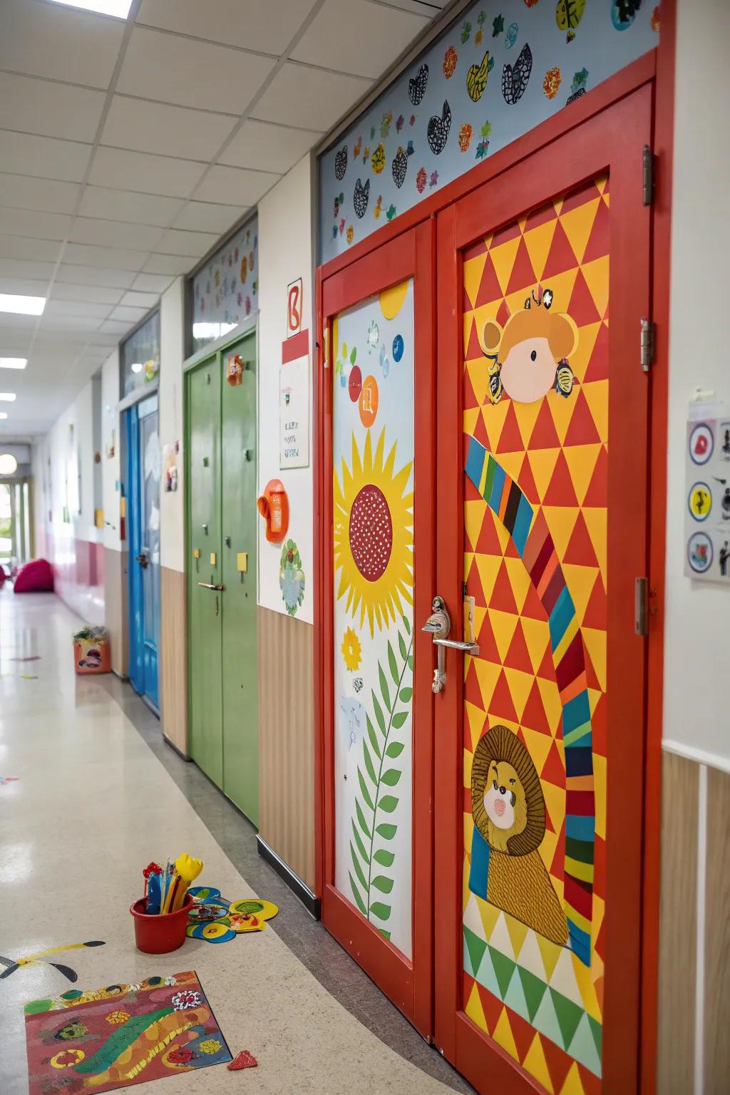 A kindergarten door with bold patterns and colorful designs.