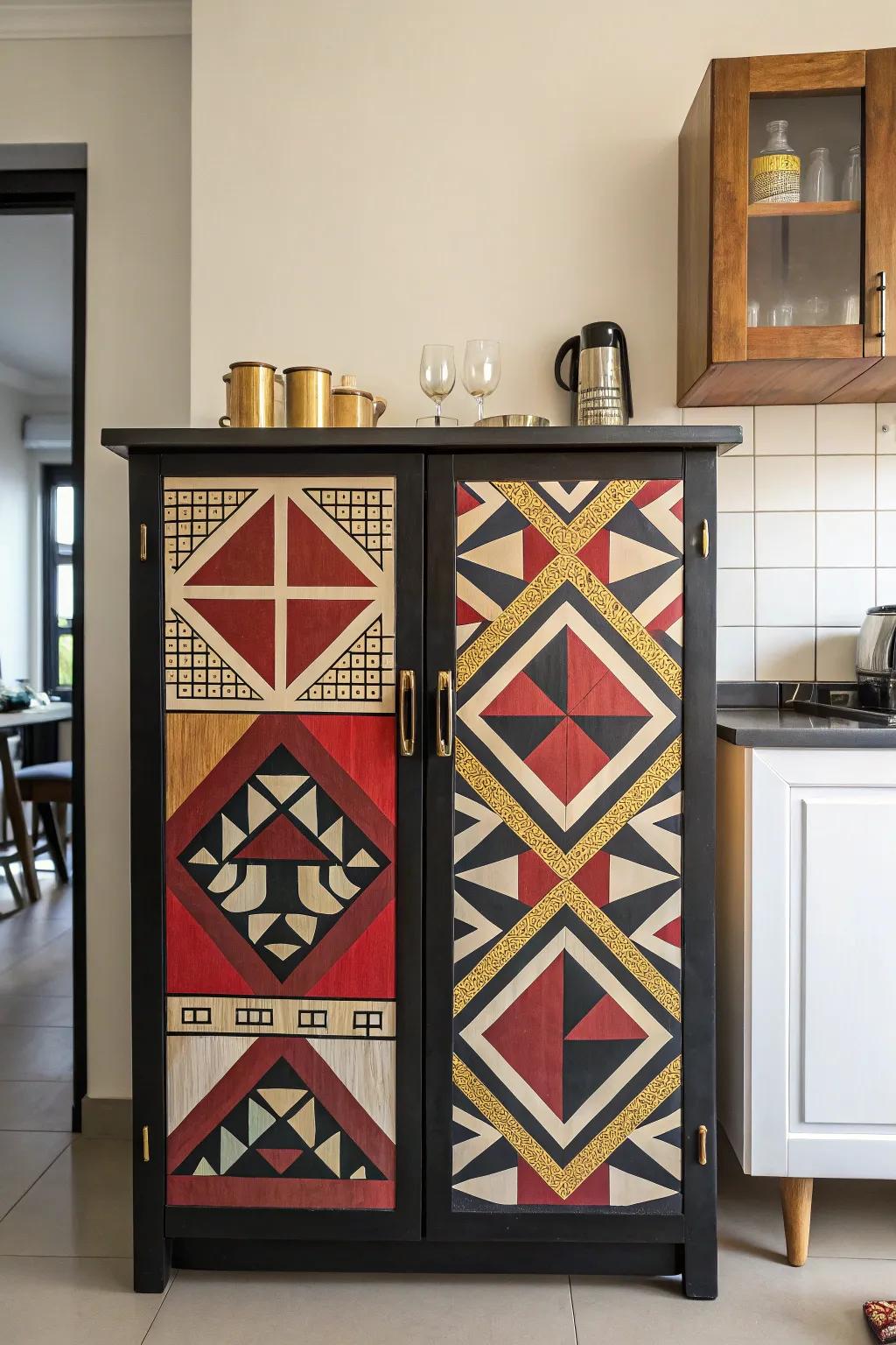 Geometric patterns add a modern flair to this bar cabinet.