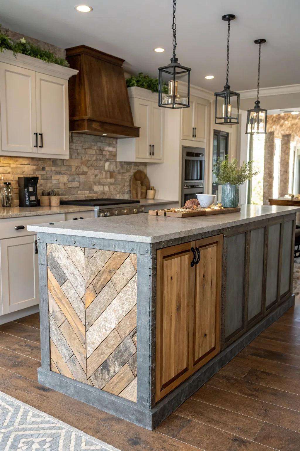 An eclectic mix of materials adds unique and personalized style to this kitchen island.