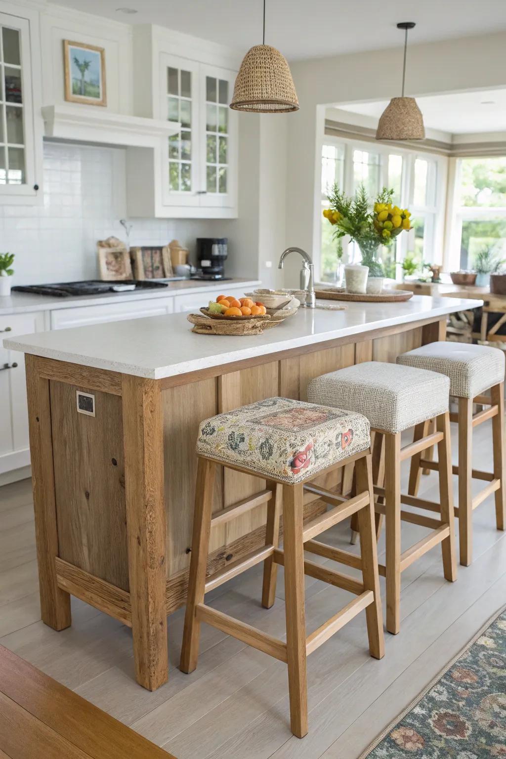 Eco-friendly seating supports a sustainable kitchen design.