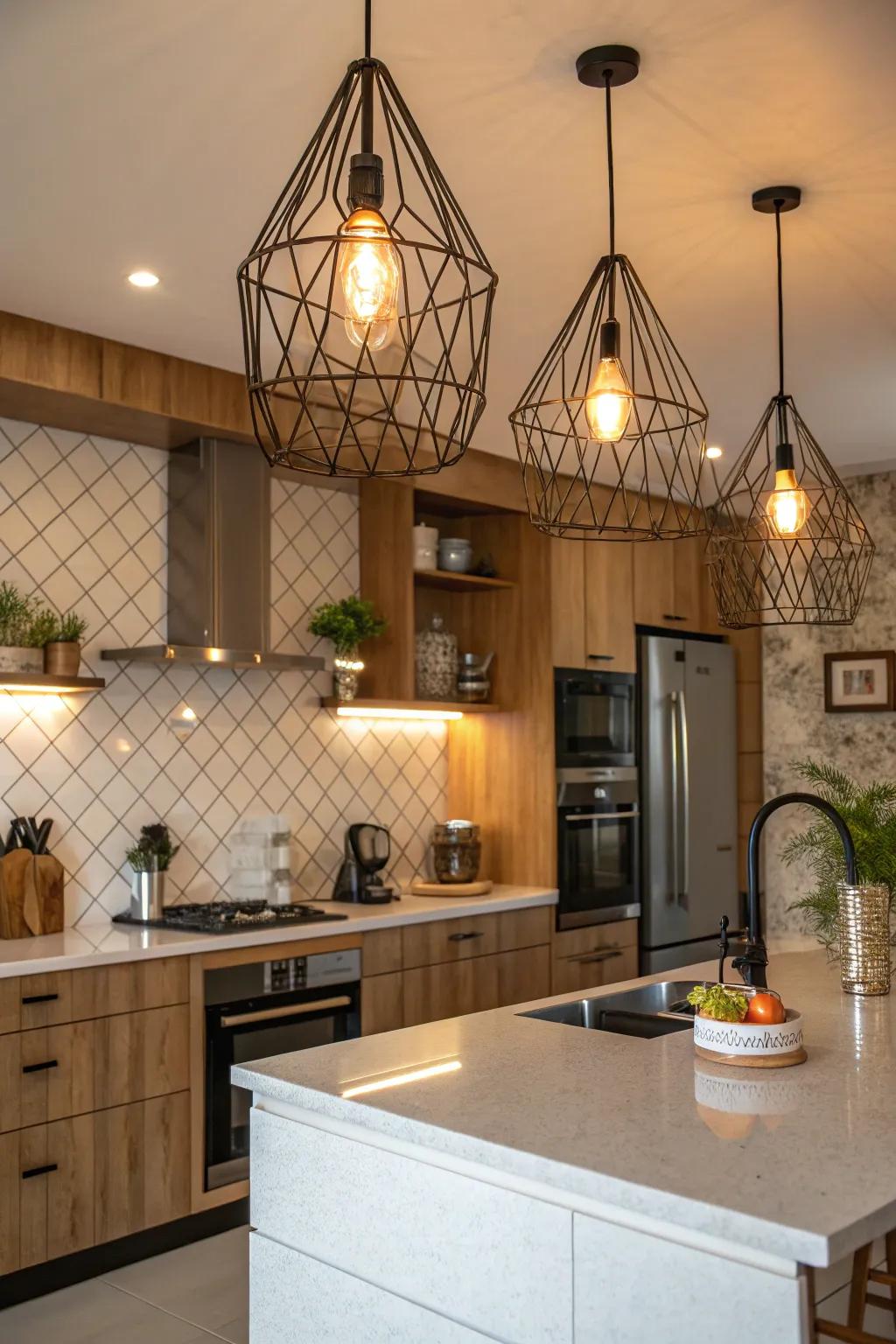 A kitchen featuring bold wall lights for a dramatic and functional touch.