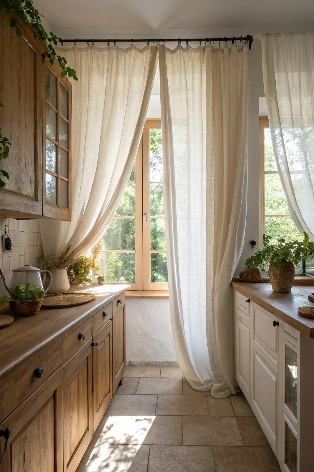 Linen curtains add softness and elegance to kitchen windows.