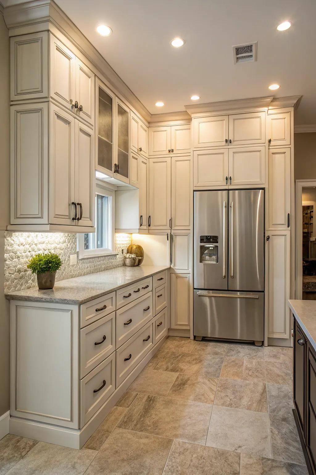 A kitchen featuring symmetrical balance with a fridge and adjacent cabinetry.