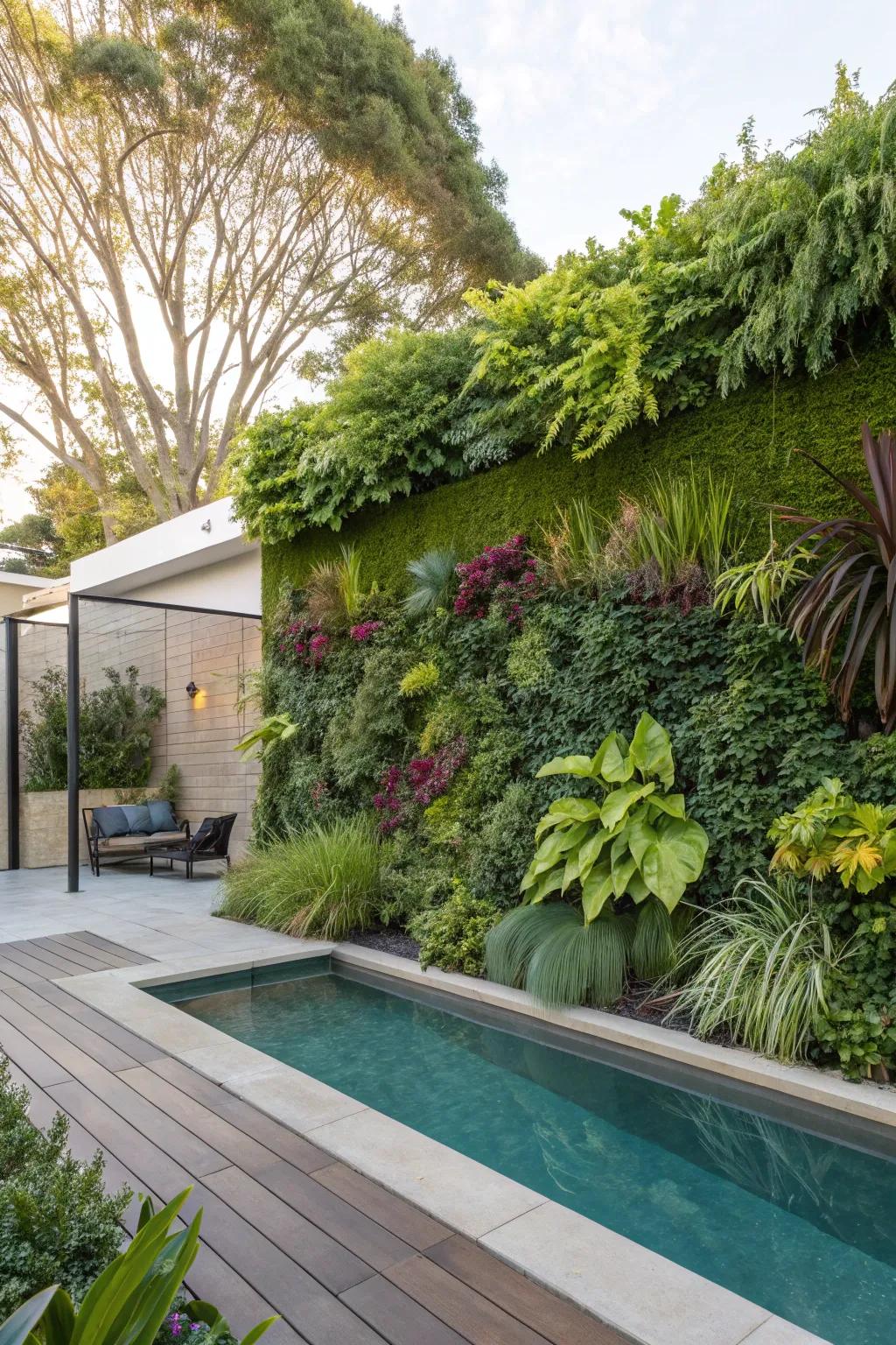 Living walls provide a lush, green backdrop to effectively hide pool equipment.