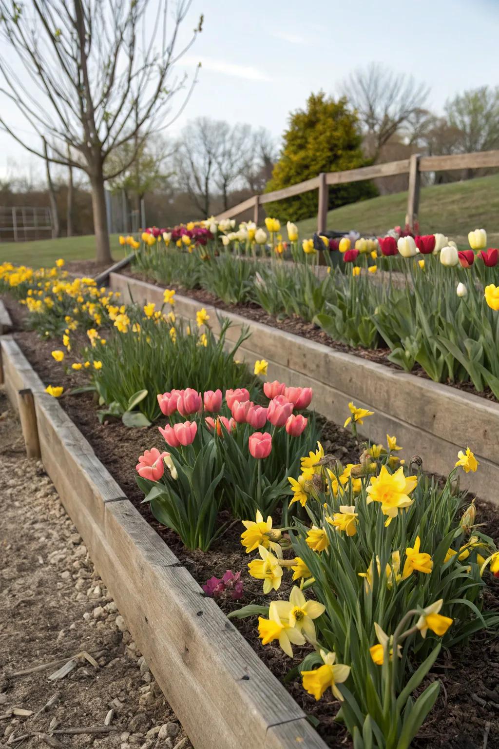 A garden bed showcasing the lasagna planting technique with layered tulips and daffodils.