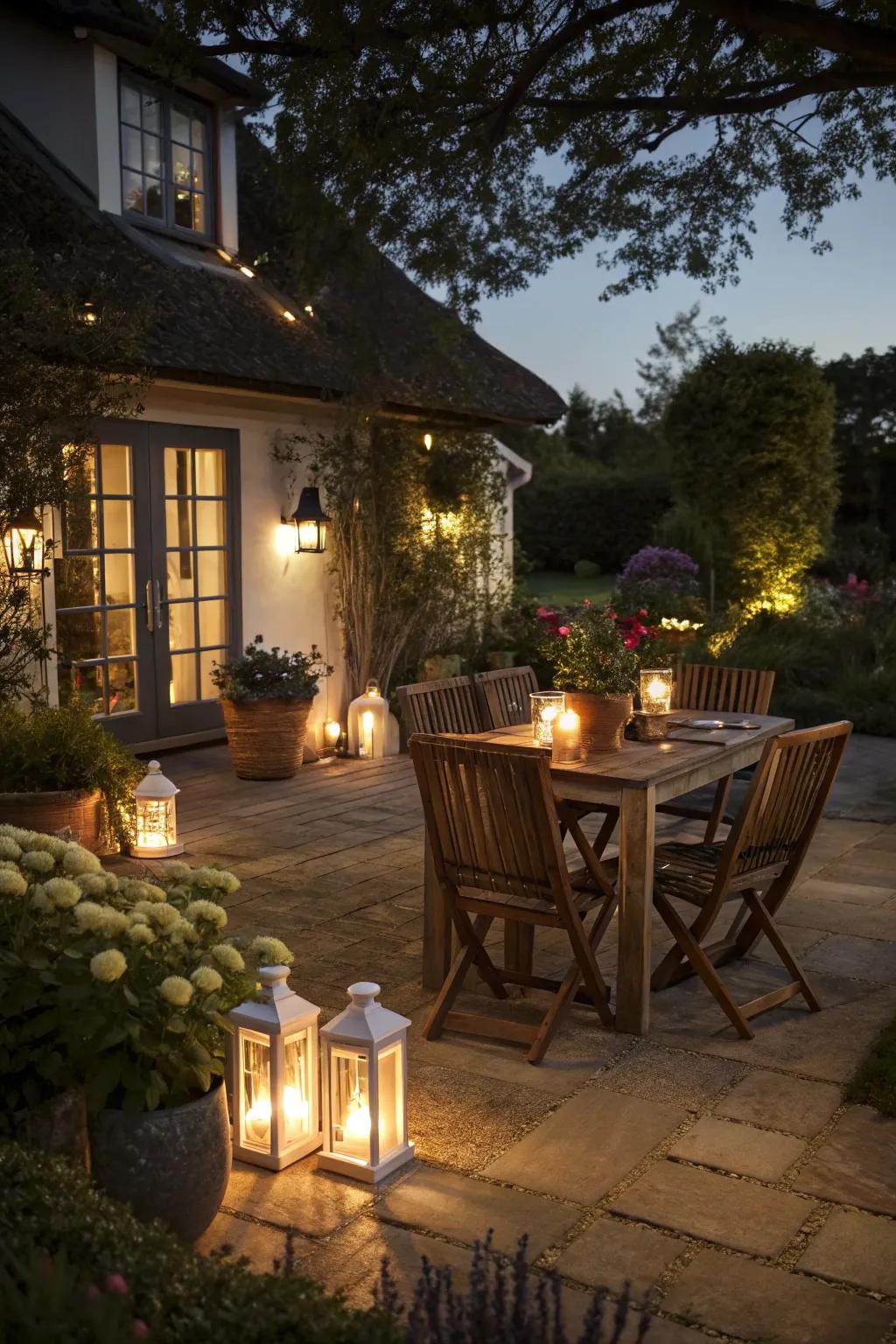 Lanterns transform patios into inviting evening havens.