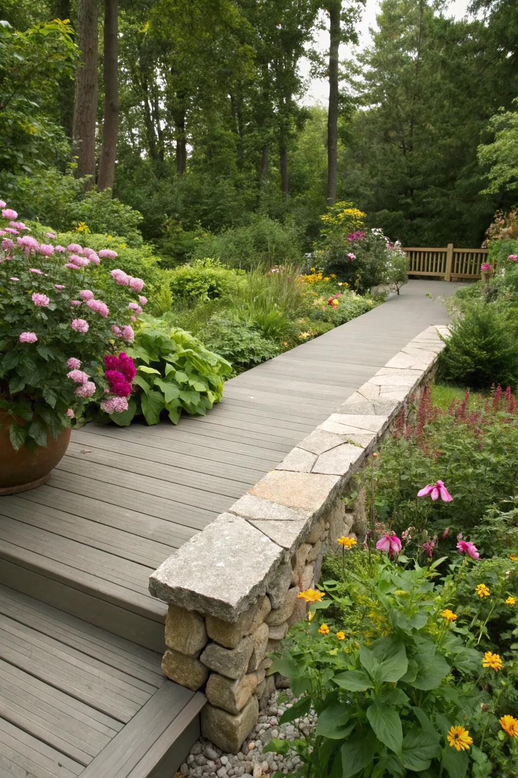 Decorative stone borders enhance the natural beauty of this garden deck.