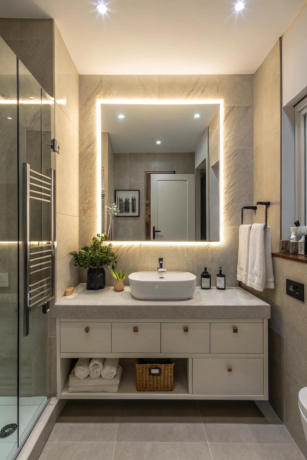 A versatile bathroom design with an LED mirror that offers color temperature control.