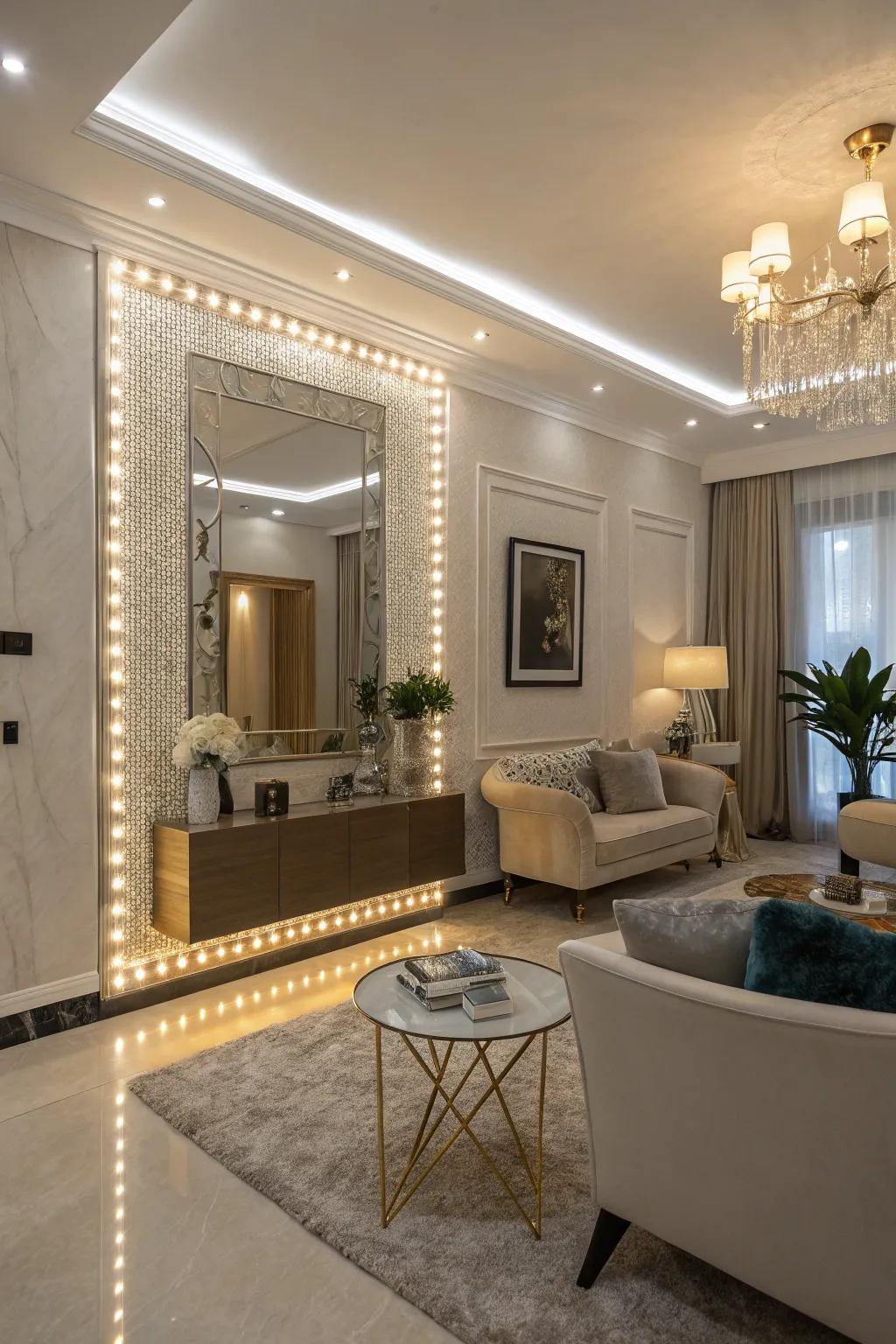 Luxurious LED mirror accents for a spacious feel.