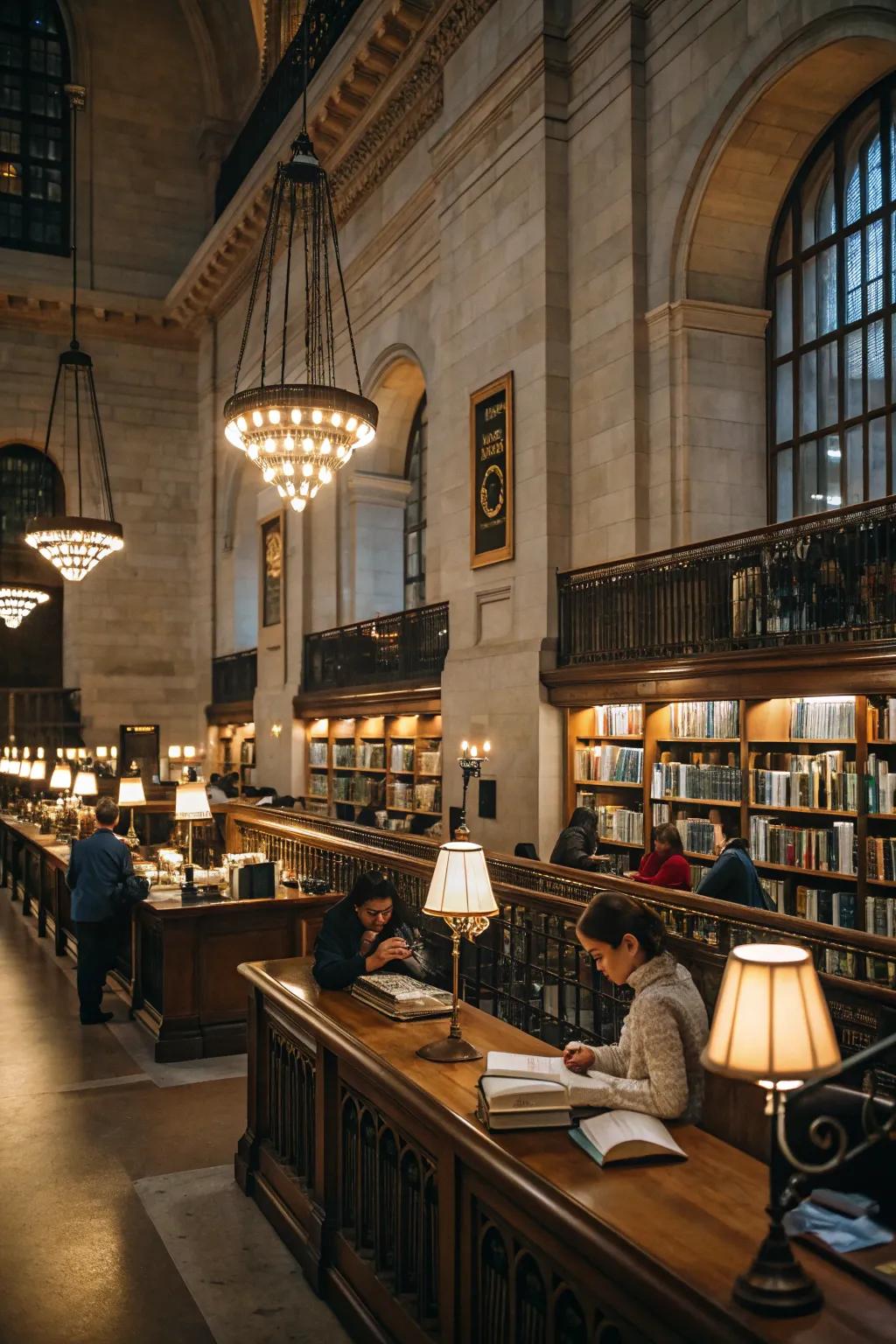 A library illuminated by ambient lighting, featuring floor lamps and sconces.