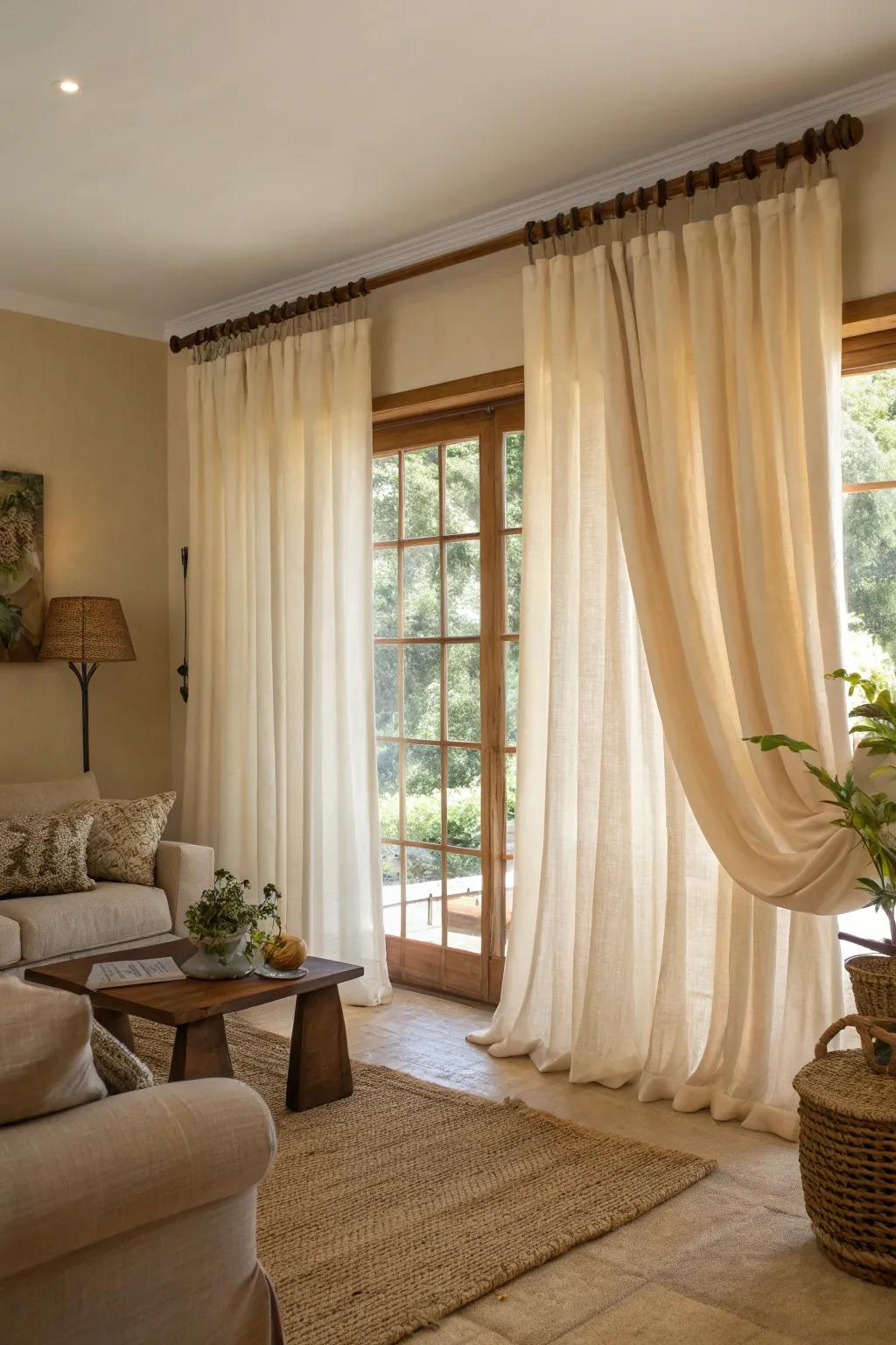 Sustainable materials add unique texture and a conscious choice to your living room curtains.