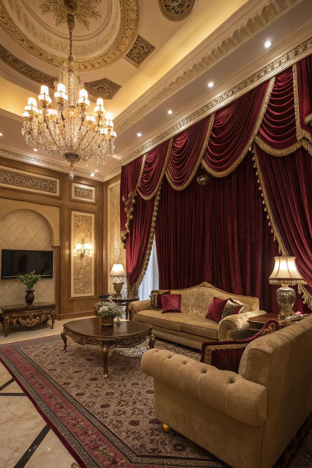 Velvet curtains add opulence and luxury.