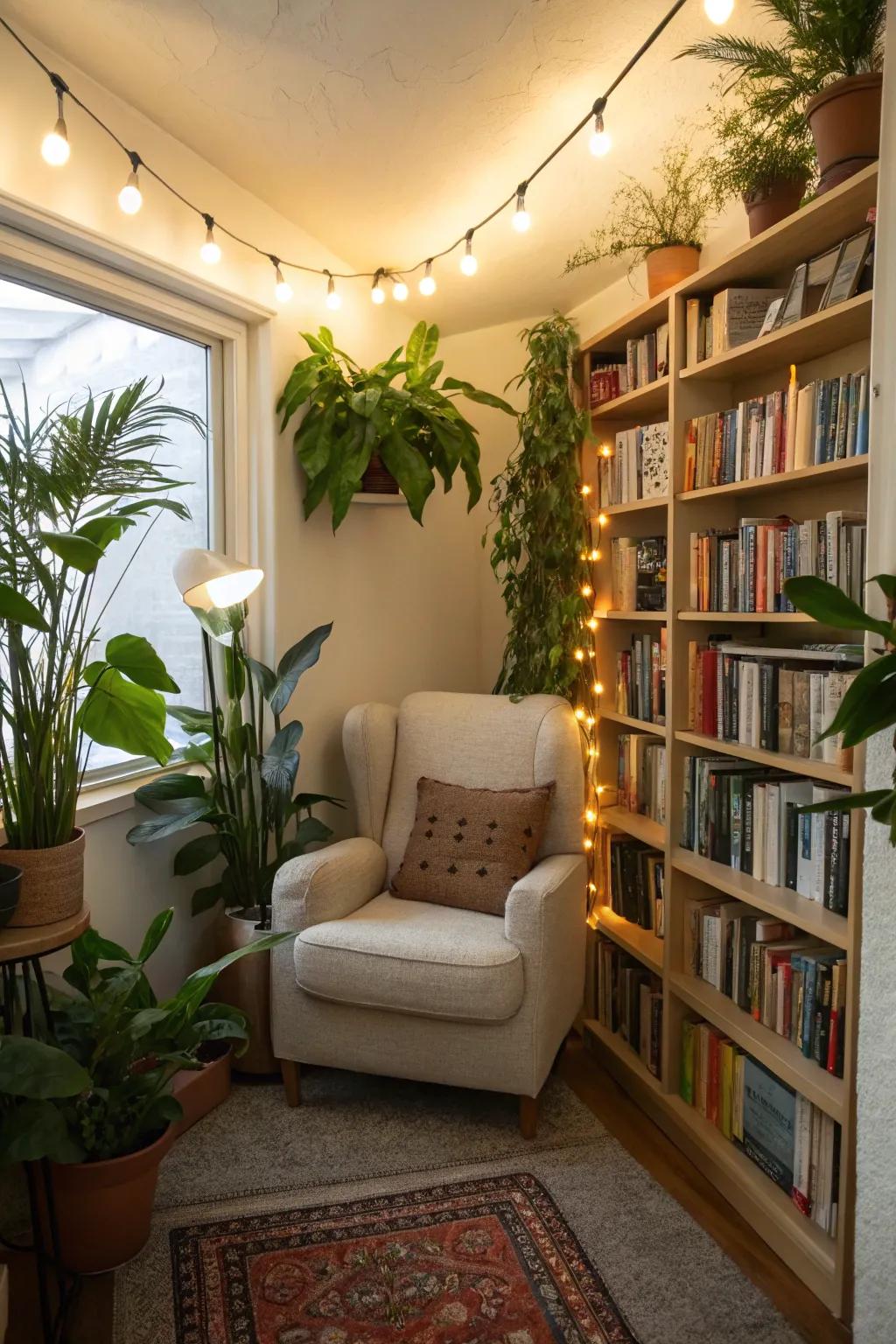 A cozy reading nook surrounded by lush greenery.