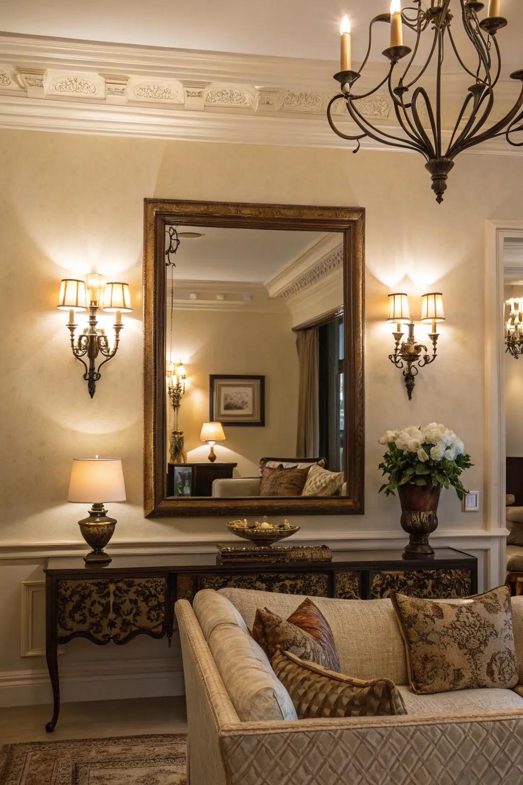 Wall sconces enhance the elegance of this living room setup.