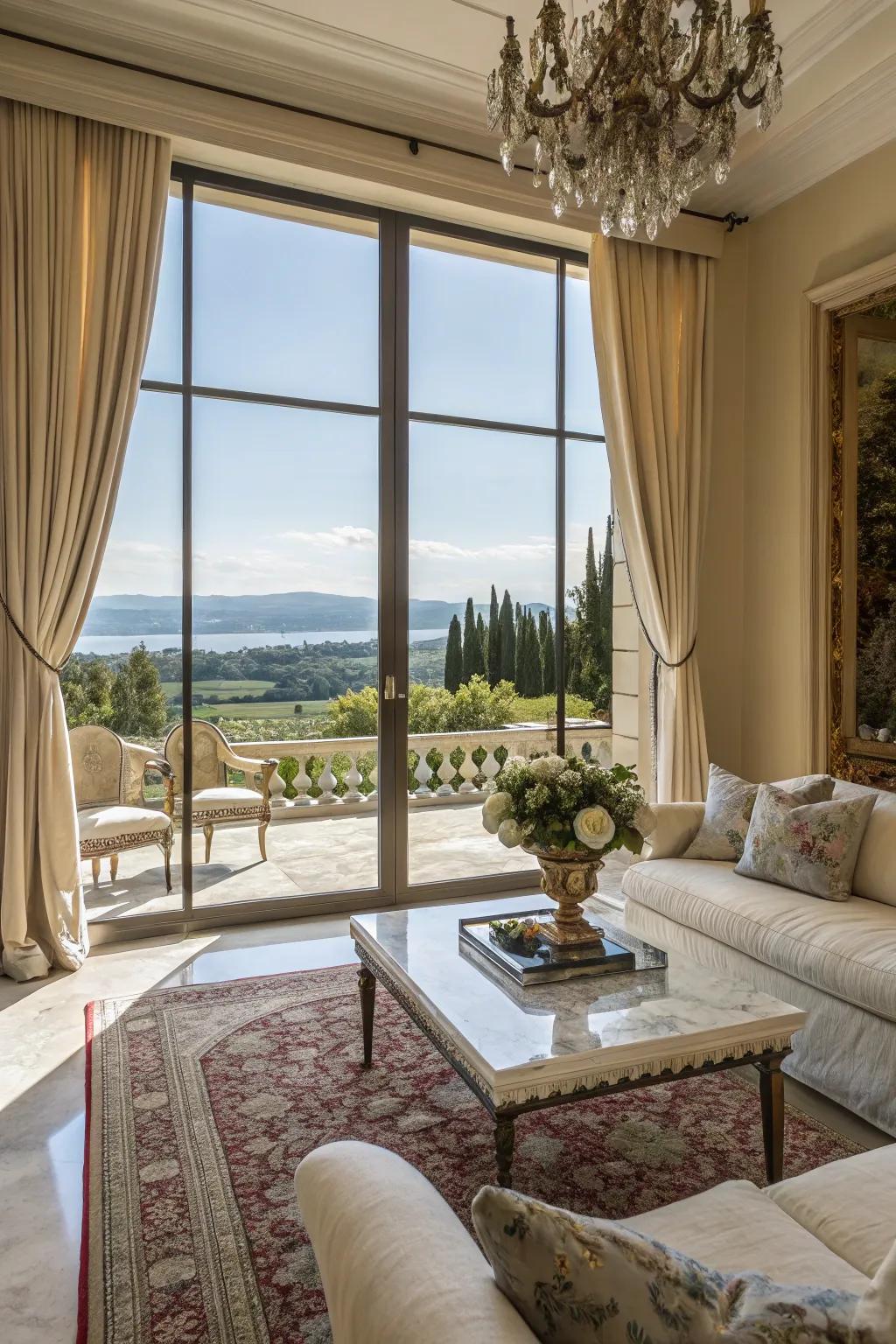 Window walls creating an expansive, airy feel in the living room.