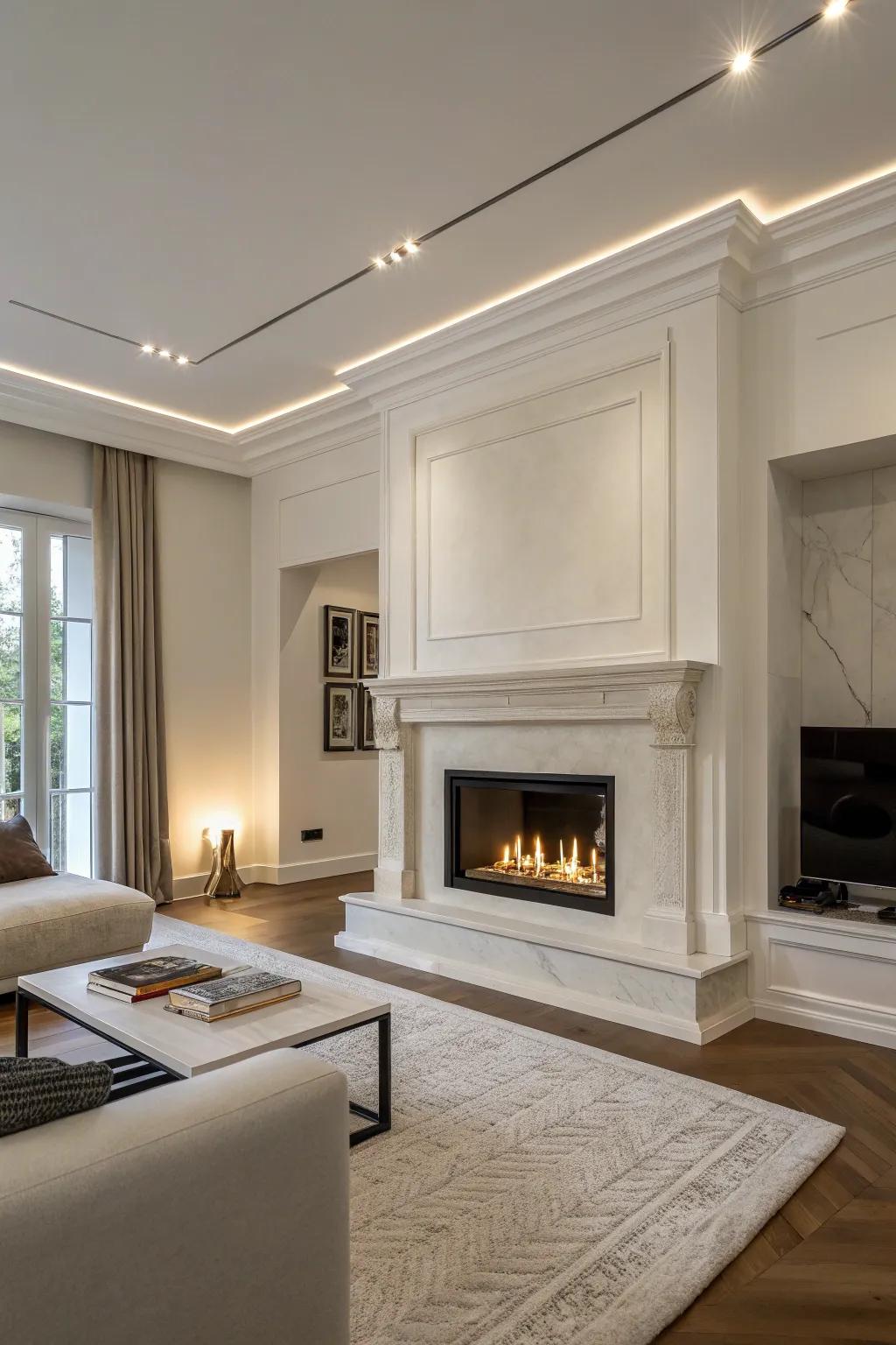 A minimalist living room with a sleek fireplace and understated decor.