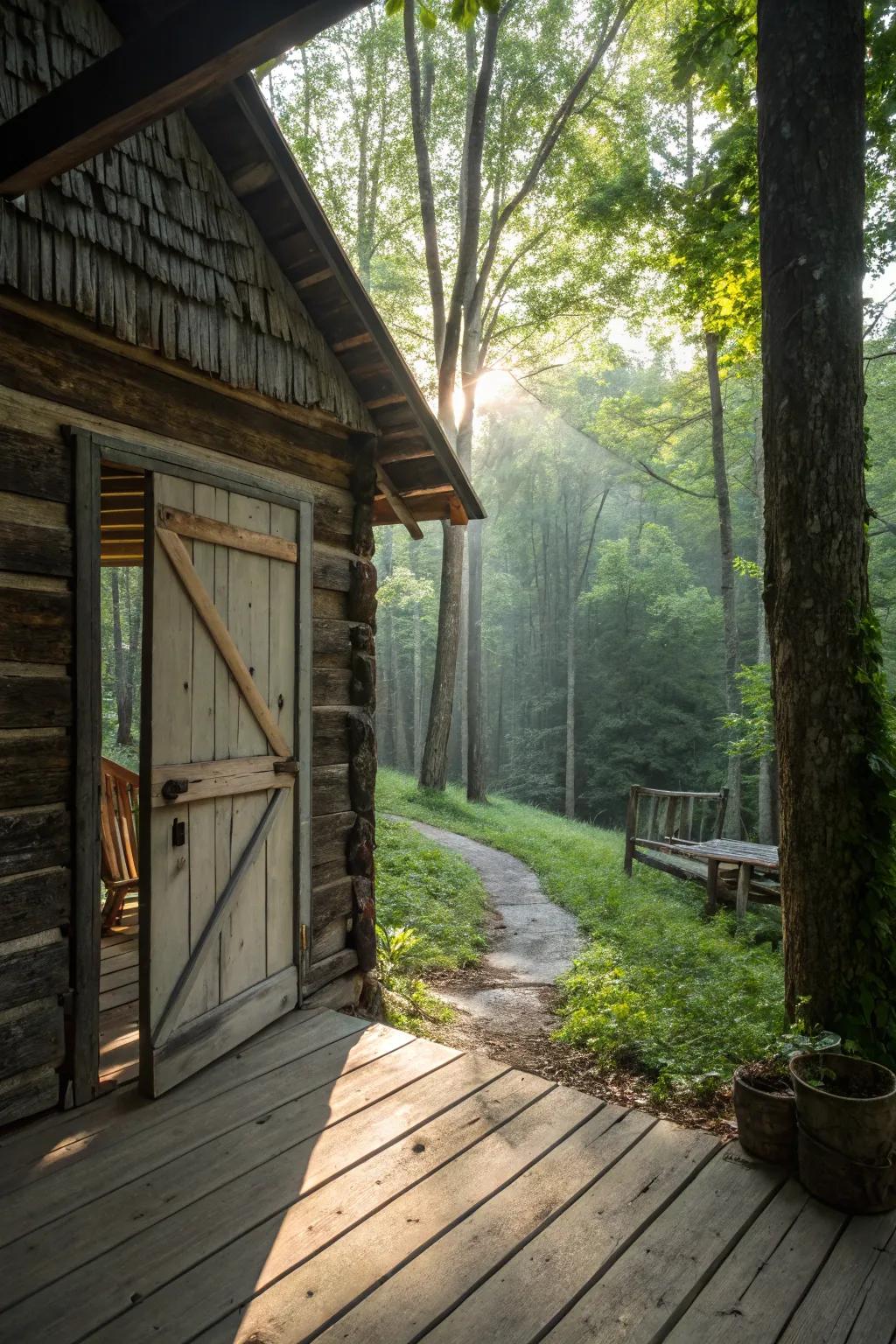 A log cabin featuring a rustic sliding barn door.