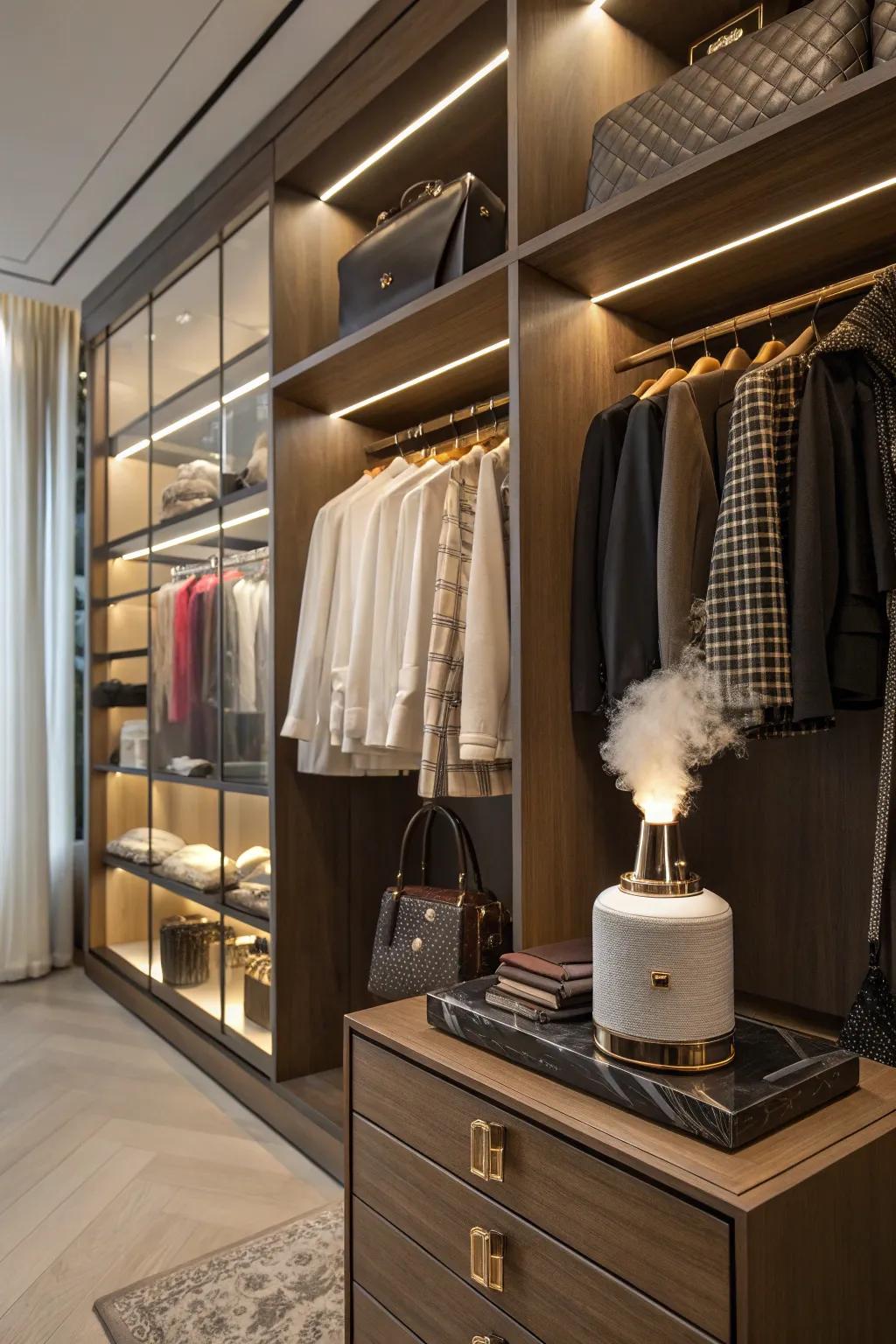 A diffuser adding a signature scent to the luxury closet.