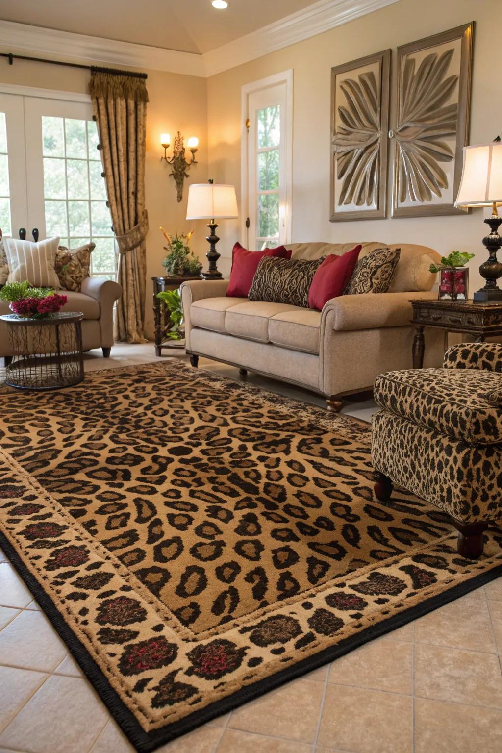 An animal print rug makes a bold statement in this chic living room.