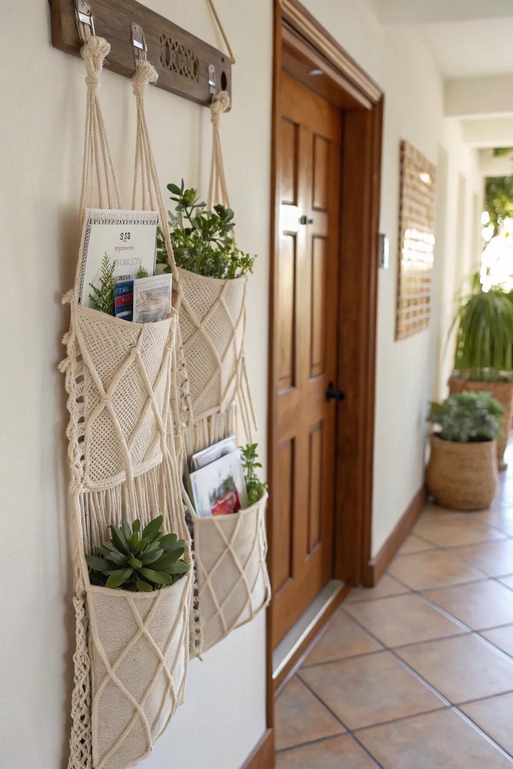 Macrame wall pockets offering stylish organization.