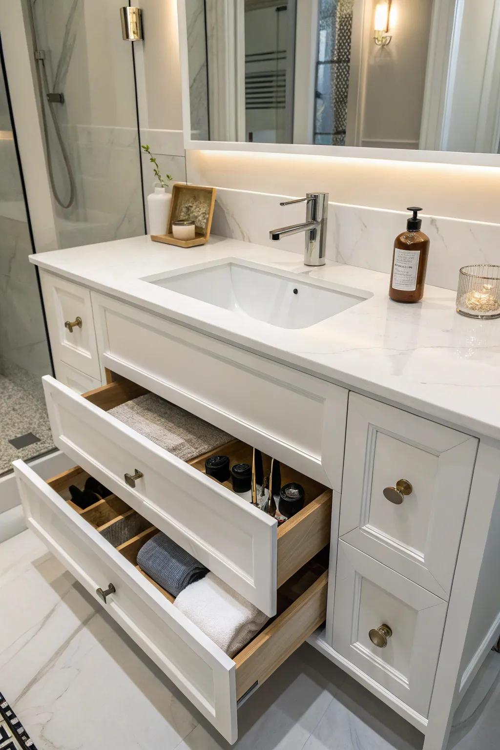 A bathroom vanity featuring hidden storage compartments for a clutter-free look.