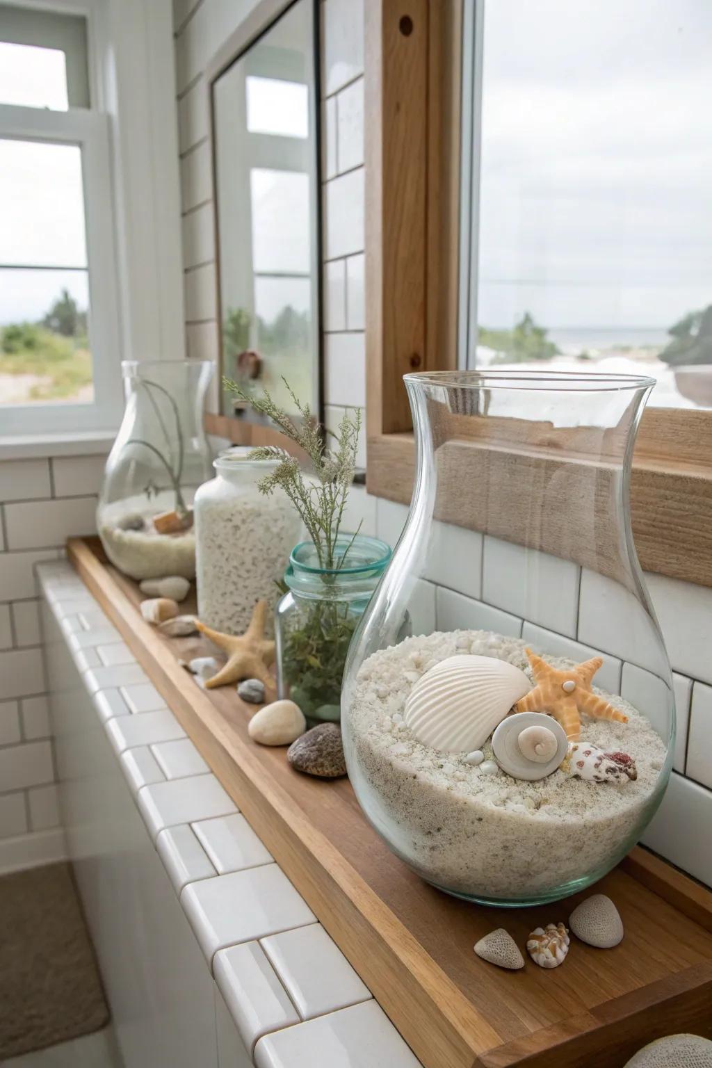 Sea glass vases bring a subtle coastal elegance to the room.