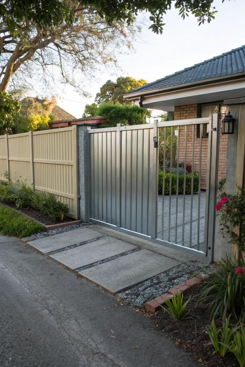 A sliding metal gate that offers functionality and style in limited spaces.