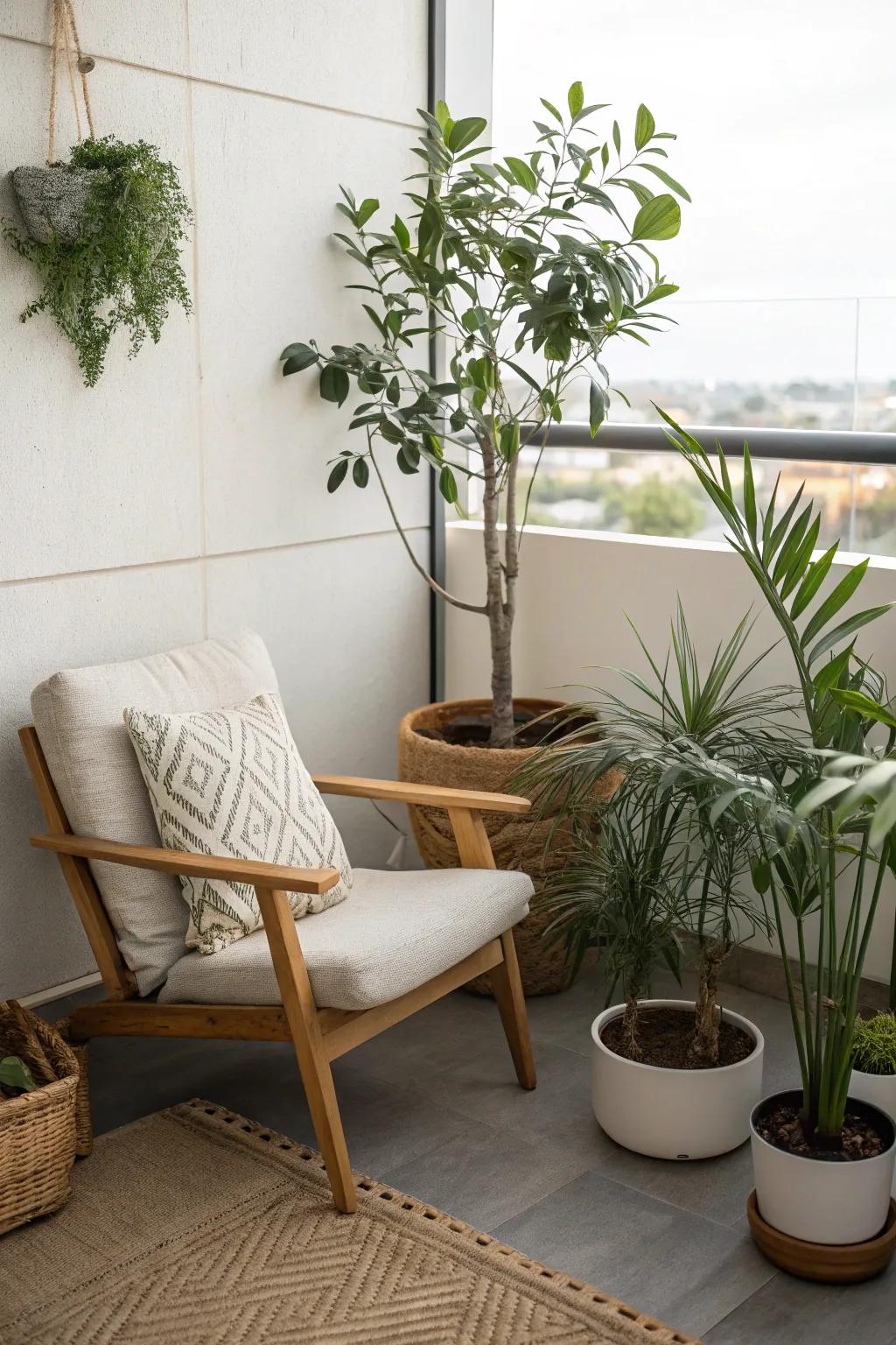 A tranquil Zen corner with minimalist decor and lush plants.