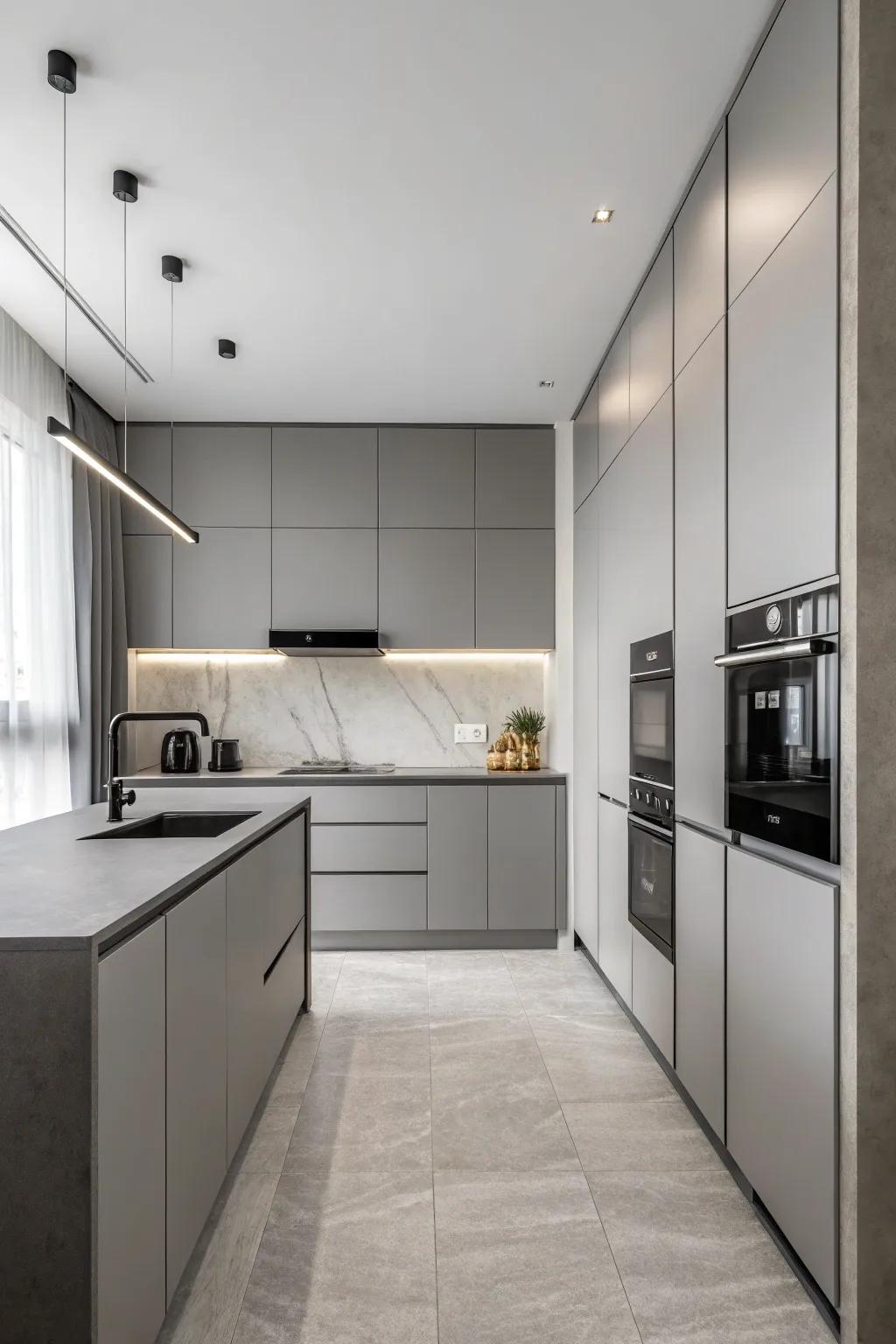 A minimalist kitchen with a harmonious monochromatic color scheme.