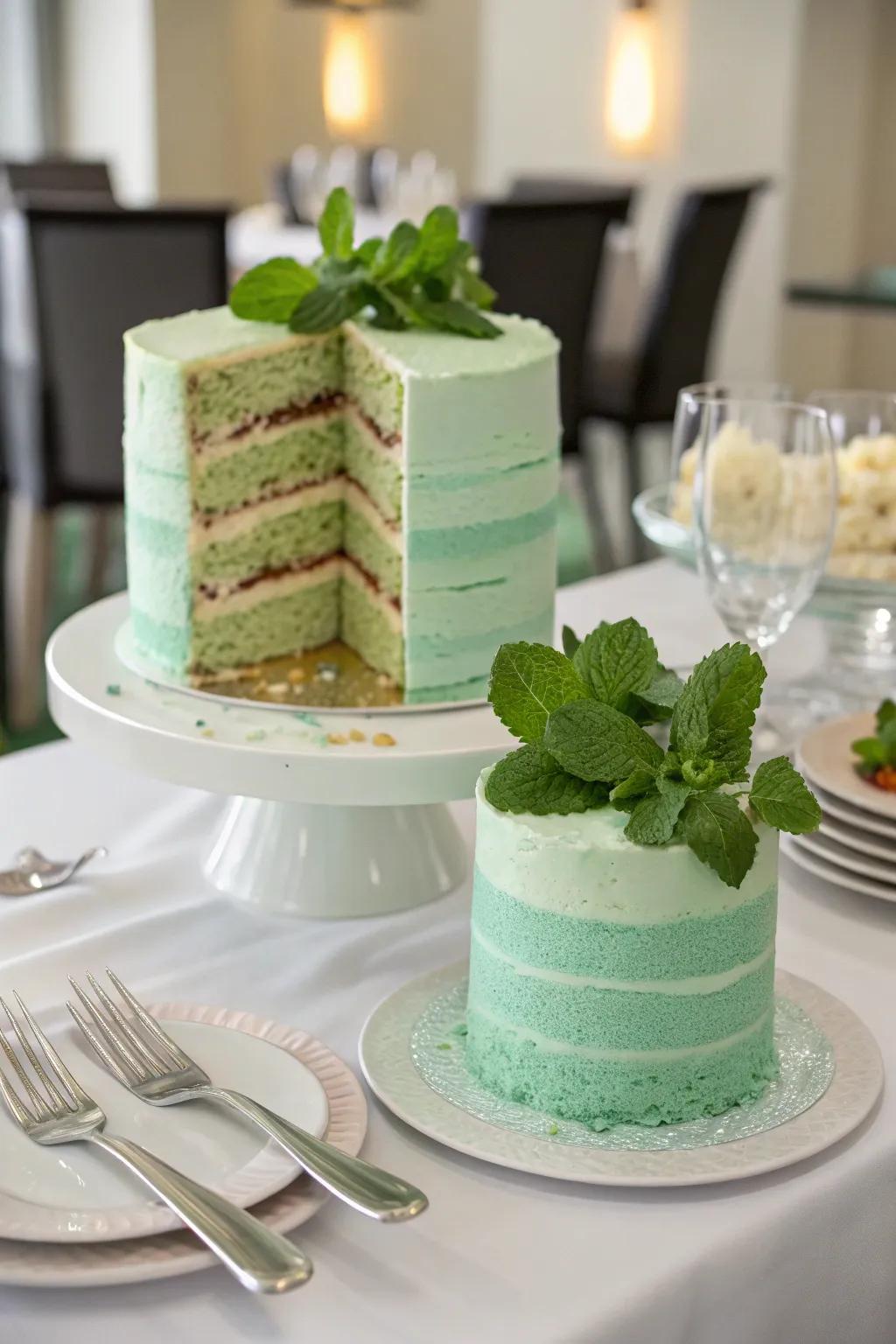 A multi-layered mint green cake layered with love.