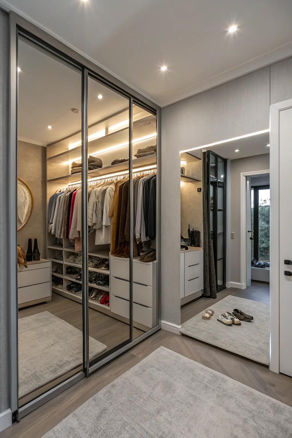 Use mirrored doors as dividers in open closet concepts.